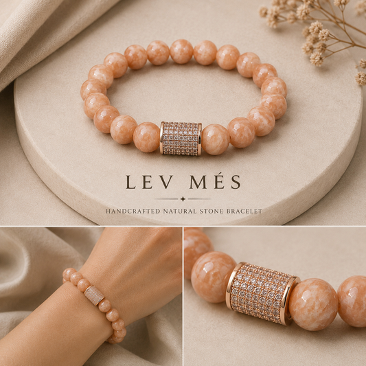 Inszenierte Collage: Sonnenstein-Armband mit Gesamtansicht, erzeugter Trageansicht und Detailansicht auf hellem Hintergrund.